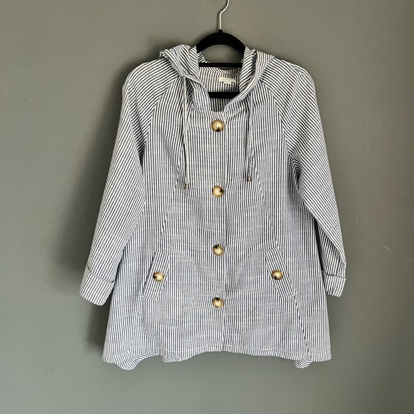 Sigrid Olsen Women's Sz S Blue White Stripe Cotton Linen Blend Lagenlook Jacket - Picture 1 of 6